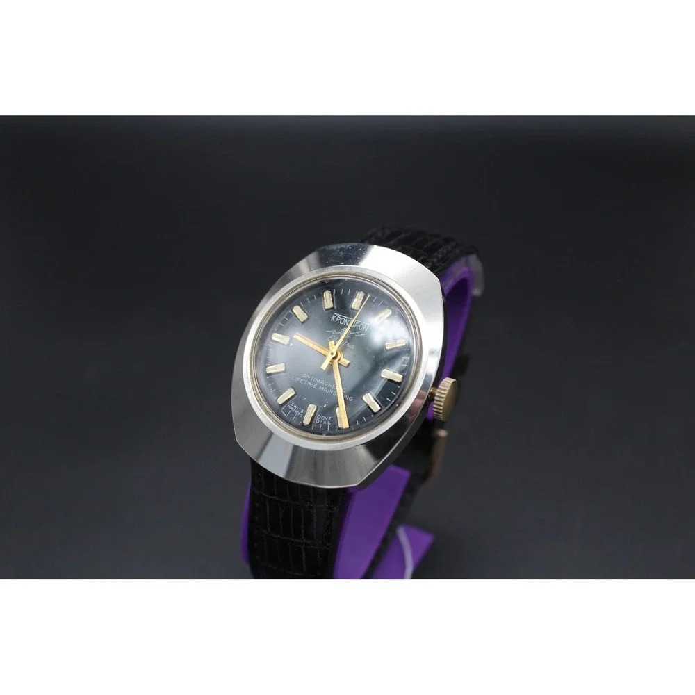 Vintage Kronatron Electra Mechanical Watch – 1960s 36mm Cushion Case Black Dial